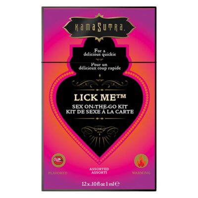 Lick Me Sex-To-Go couples sampler kit with flavored lube and warming body topping sachets by Kama Sutra