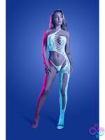 glow dark fishnet bodystocking with matching panty by Fantasy Lingerie in clear white floral knit