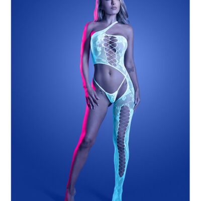 glow dark fishnet bodystocking with matching panty by Fantasy Lingerie in clear white floral knit
