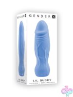 Blue compact textured silicone vibrator with realistic crown tip and vein detail by Gender X