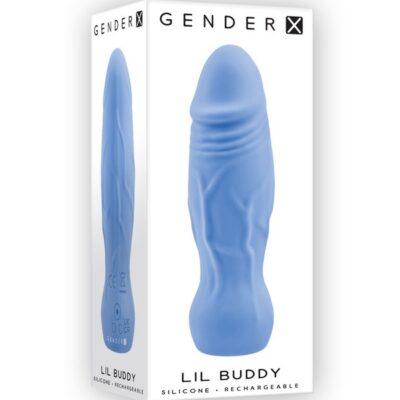 Blue compact textured silicone vibrator with realistic crown tip and vein detail by Gender X