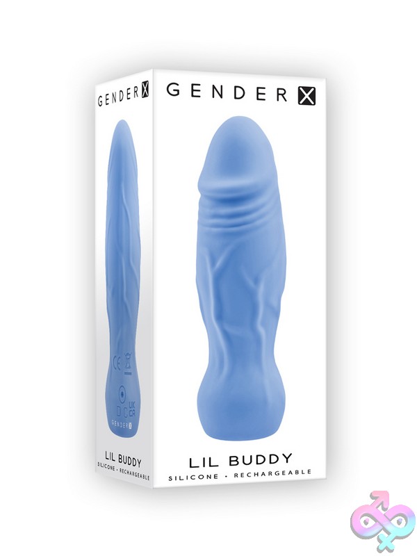 Discreet-Toys-Lil-Buddy-Nu-Gx-Rs-3144-2 Blue Compact Textured Silicone Vibrator With Realistic Crown Tip And Vein Detail By Gender X