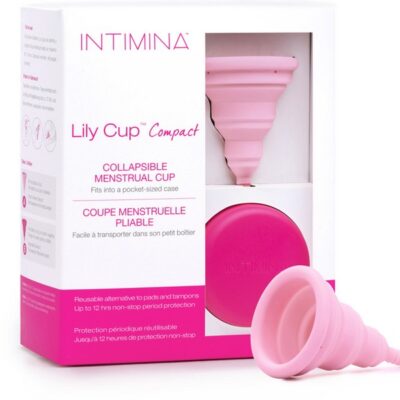 Pink collapsible menstrual cup Size A folded flat in compact case by Intimina