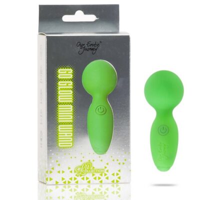 Glow-in-the-dark green mini wand vibrator in body-safe silicone by Our Erotic Journey