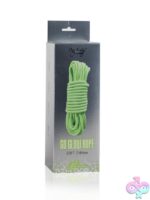 Green glow-in-the-dark bondage rope by Our Erotic Journey shown glowing against dark background