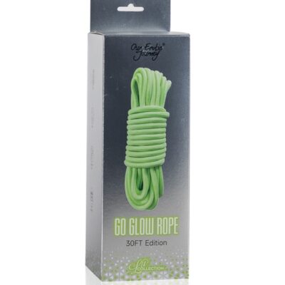 Green glow-in-the-dark bondage rope by Our Erotic Journey shown glowing against dark background