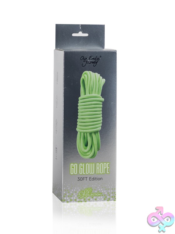 Discreet-Toys-Lit-Go-Glow-Rope-Nu-Sg-Lt-F003 Green Glow-In-The-Dark Bondage Rope By Our Erotic Journey Shown Glowing Against Dark Background