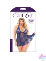 Navy stretch lace halter mini dress with matching G-string by Fantasy Lingerie
