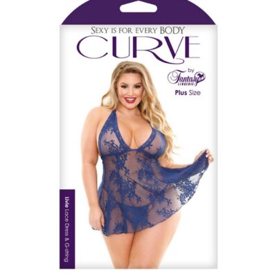 Navy stretch lace halter mini dress with matching G-string by Fantasy Lingerie
