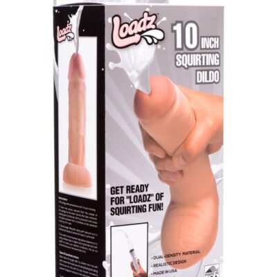 10-inch dual-density squirting dildo in beige with realistic texture and syringe by Xr Loadz