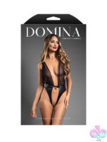 Black wetlook open teddy with sheer mesh tie-back and gold lock-and-key buckle waist detail