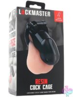 Lockmaster 4-inch black resin cock cage with four sizing rings and padlock by Lockmaster
