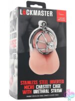 Lockmaster inverted micro chastity cage in polished stainless steel with urethral straw and integrated lock by Lockmaster