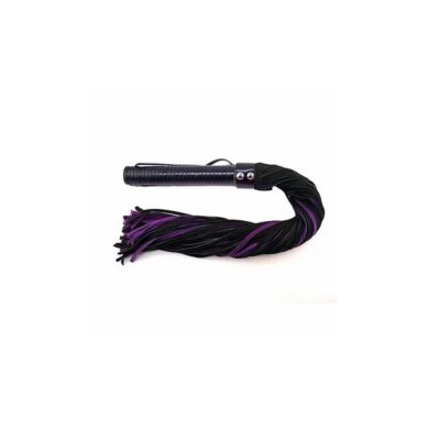 Long black suede flogger with leather handle by Rouge Garments