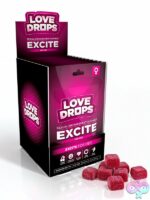 12-count cherry sexual enhancement gummies pop display in pink packaging by Xr Love Drops