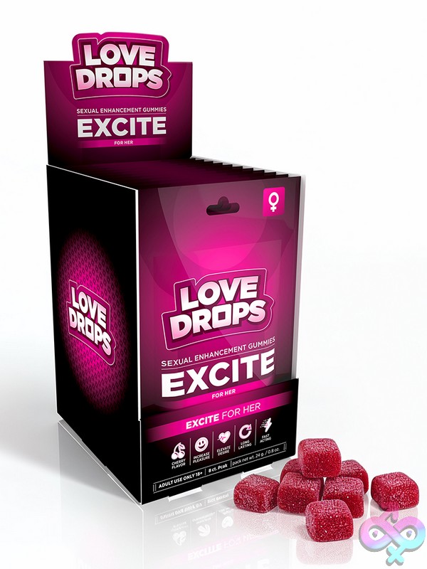 Discreet-Toys-Love-Drops-Sexual-Enhancement-Gummies-For-Her-Excite-12Ct-Pop-Display-Nu-Xr-Ah788 12-Count Cherry Sexual Enhancement Gummies Pop Display In Pink Packaging By Xr Love Drops