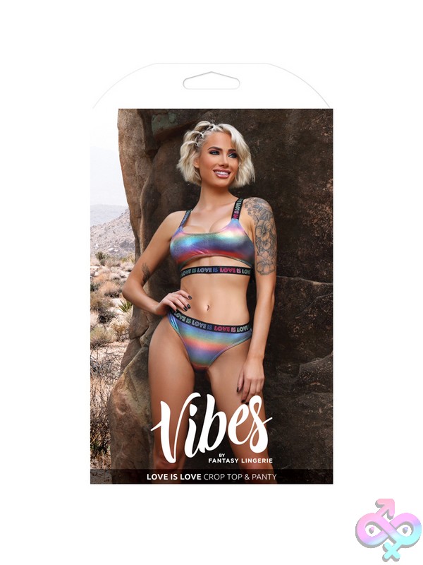 Discreet-Toys-Love-Is-Love-Crop-Top-Panty-M-L-Nu-Af972-Ml-B Holographic Rainbow Crop Top And Matching Panty Set With Love Is Love Elastic Waistband Displayed On A Model