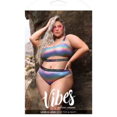 Holographic rainbow crop top and matching panty lingerie set by Fantasy Lingerie in queen size