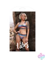 Holographic rainbow crop top and matching panty set with Love is Love elastic waistband displayed on a model