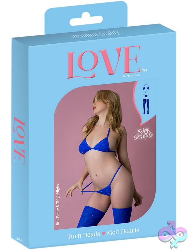 Discreet-Toys-Love-Rhinestone-Crystal-Bra-Panty-Thigh-Highs-Blue-One-Size-Nu-S186Blu1Sz Blue Rhinestone Crystal Triangle Bra, G-String And Thigh Highs Three-Piece Lingerie Set By Magic Silk