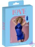 Blue rhinestone halter mini dress with crisscross strap detail by Magic Silk