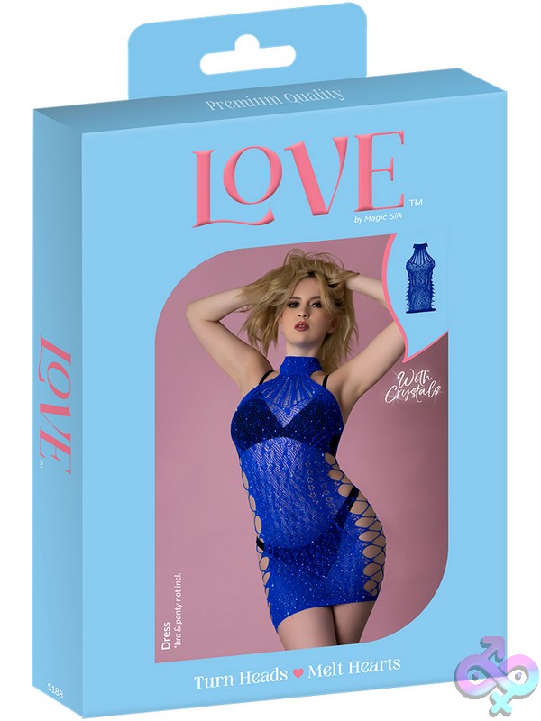 Discreet-Toys-Love-Rhinestone-Crystal-Dress-Blue-One-Size-Nu-S188Blu1Sz Blue Rhinestone Halter Mini Dress With Crisscross Strap Detail By Magic Silk