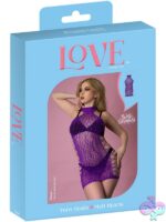 Violet rhinestone halter mini dress with crisscross straps by Magic Silk