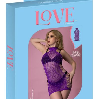 Violet rhinestone halter mini dress with crisscross straps by Magic Silk