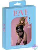 Black rhinestone crystal gartered body stocking with geometric pattern and garter strap detail by Magic Silk