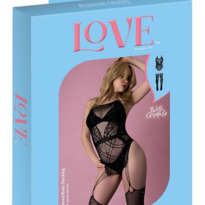Black rhinestone crystal gartered body stocking with geometric pattern and garter strap detail by Magic Silk