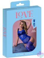 Blue rhinestone crystal gartered body stocking with geometric pattern and garter strap detail by Magic Silk