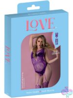 Violet rhinestone crystal gartered body stocking with garter straps and scoop neckline by Magic Silk