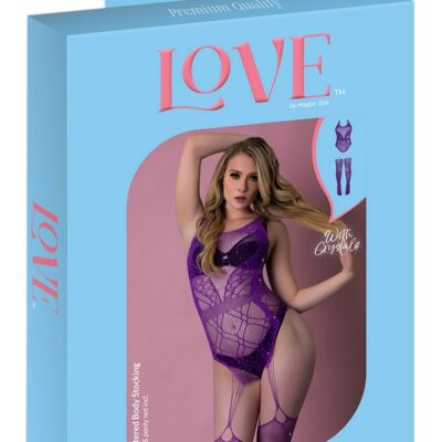 Violet rhinestone crystal gartered body stocking with garter straps and scoop neckline by Magic Silk