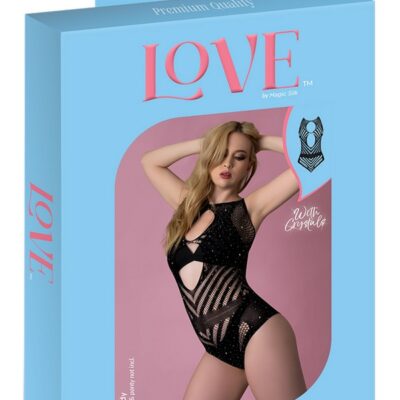 Black seamless rhinestone teddy with keyhole cutouts and boat neck by Magic Silk