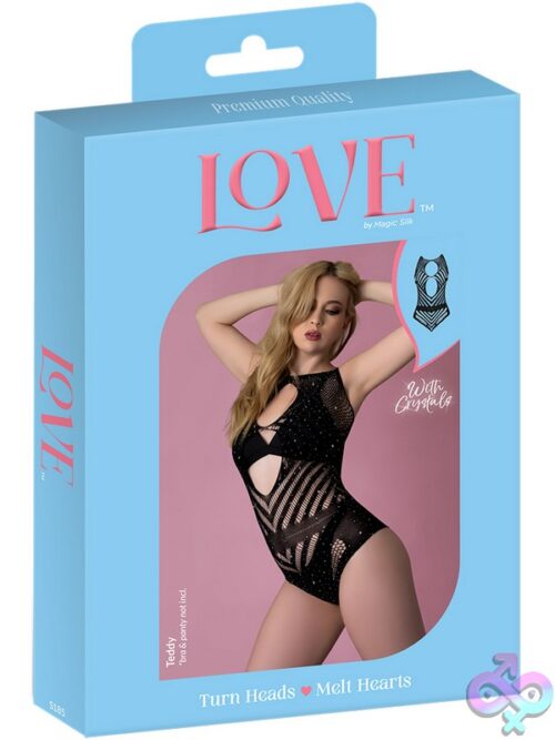 Black Seamless Rhinestone Teddy With Keyhole Cutouts And Boat Neck By Magic Silk