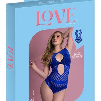 Blue rhinestone crystal seamless teddy with keyhole cutouts by Magic Silk