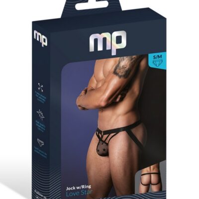 Male Power Love Star jockstrap with metal ring waistband and airy strap detailing in black