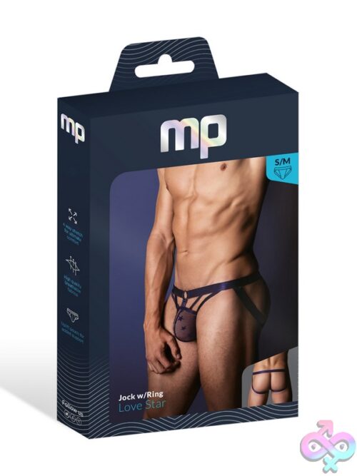 Love Star Men'S Jockstrap With Metal Ring Waistband And Decorative Airy Straps In Blue