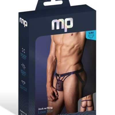 Love Star men's jockstrap with metal ring waistband and decorative airy straps in blue