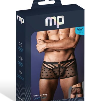 Male Power Love Star mini short with metal ring waistband and airy strap detailing in black
