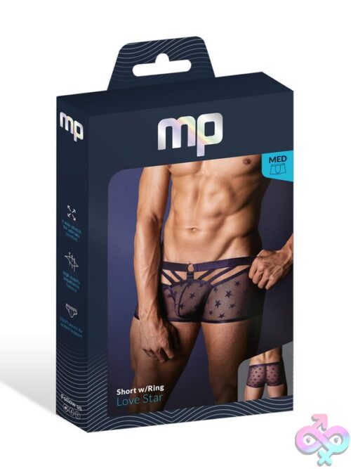 Male Power Love Star Mini Short With Metal Ring Waistband And Decorative Airy Straps In Blue