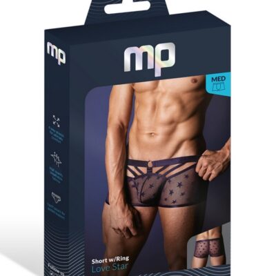 Male Power Love Star mini short with metal ring waistband and decorative airy straps in blue