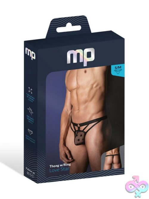 Male Power Love Star Low-Cut Mens Thong With Metal Ring Waistband And Airy Decorative Straps In Black