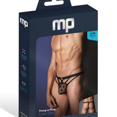 Male Power Love Star low-cut mens thong with metal ring waistband and airy decorative straps in black