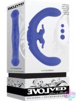 Flexible dual-ended blue silicone vibrator with rabbit stimulator and remote by Evolved Novelties
