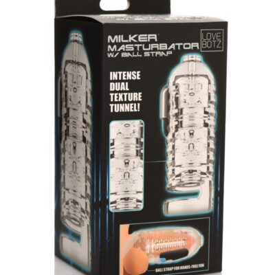 Clear ribbed TPE masturbator with ball strap by Xr Lovebotz