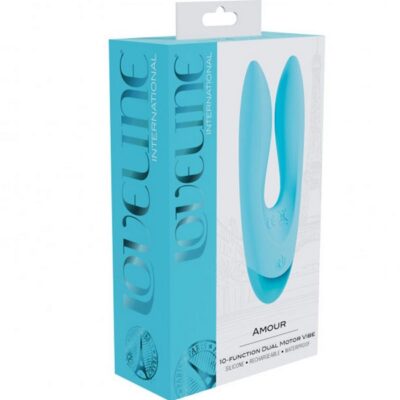 Loveline Amour dual motor bunny ear vibrator in pink and blue body-safe silicone