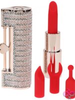 Pink lipstick-style vibrator with case, chain, and four silicone heads by Shots Toys