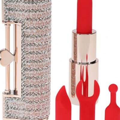 Pink lipstick-style vibrator with case, chain, and four silicone heads by Shots Toys