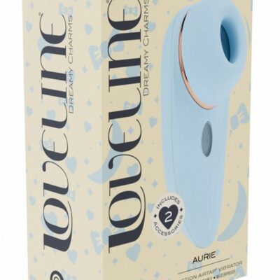 Loveline Aurie AirTap suction and tapping clitoral vibrator in blue and pink on a soft neutral background